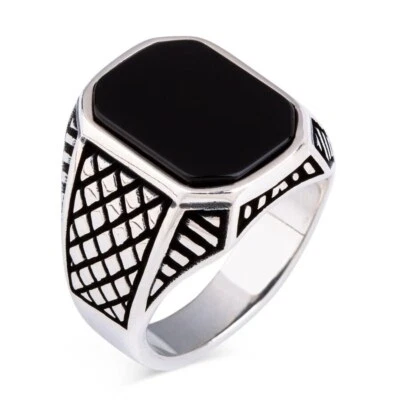 Anello In Argento Sterling 925 Con Gemma Di Onice Nero Per Uomo - Immagine 1 di 4
