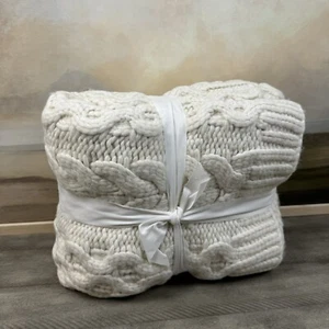 Pottery Barn Luxe Cable Knit Throw Blanket Yarn-dyed 44”x56” Ivory NWOT - Picture 1 of 5