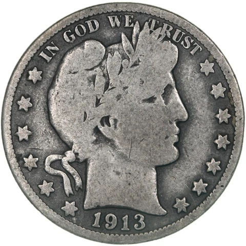 1913 (P) Barber Half Dollar 90% Silver Very Good VG Cover