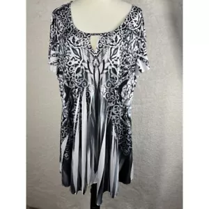 One World Women Embellished Keyhole Top Black White Print Blouse Women's 2X - Picture 1 of 8