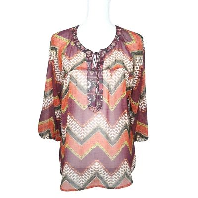 Blusa Figueroa y Flor Campesina Corbata Frontal Transparente Estampado Chevron Talla M Usada Foto 1 de 4