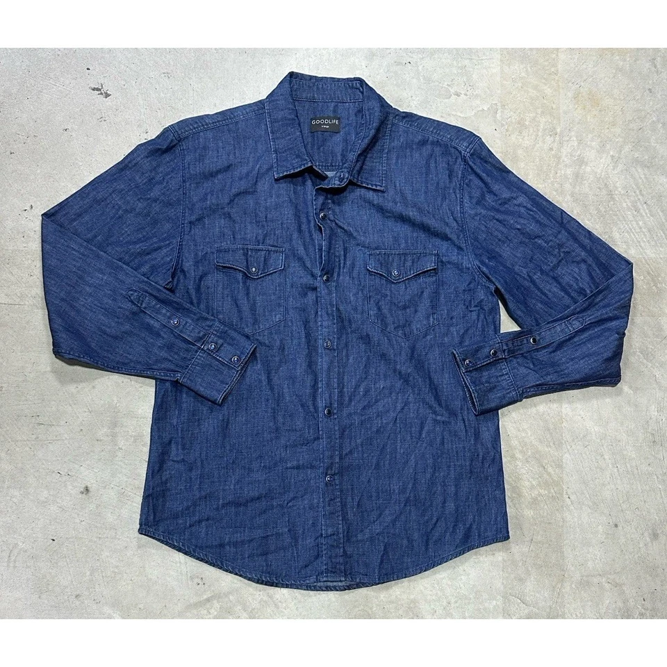 Camisa Goodlife Para Hombre Azul Denim Algodón Perla Frontal a Presión Talla XL Foto 1 de 4