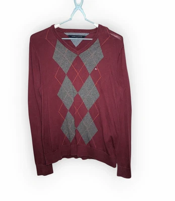 Tommy Hilfiger Women's Burgundy Cotton V Neck Jumper Size L/G VGC Preppy - Image 1 of 4