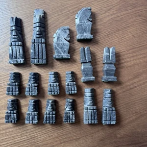 Vintage 16 Piece Replacement Aztec Chess Pieces Carved Stone Onyx Full Black Set - Picture 1 of 8