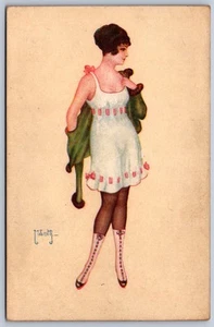 K26/ Artist Signed Postcard c1910 Pretty Woman Risque Dress 114 - Picture 1 of 4