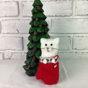 Vintage Filz weiße Katze im Strumpf Christbaumschmuck 6" hoch - Bild 1 von 5