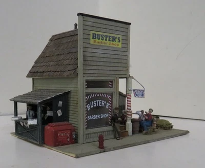 BARBER SHOP & NEWS STAND. BUILT. WOOD. DETAILED. WEATHERED. EXCEPTIONAL! HO - Image 1 of 4