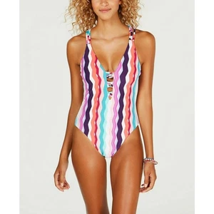 Costume da bagno Bar III Waves Chevron stampato con cinturino gamba alta pezzo unico S rosa acqua - Foto 1 di 7