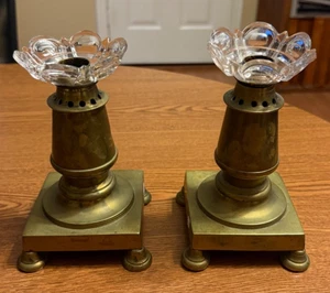 Pair of Antique Heavy Brass Bases ? or Astral Solar Lamp Style Candle Holders ?? - Picture 1 of 16