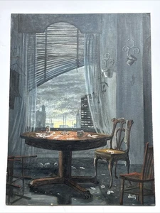 MID CENTURY PAINTING AMERICAN REGIONALISM WPA WINDOW VIEW CITYSCAPE SUNSET POKER - Picture 1 of 18