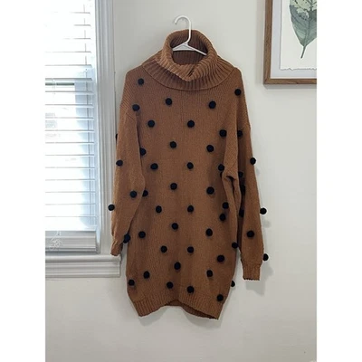 Vestido Suéter Pom Pom Marrón Negro Cuello Tortuga Manga Larga Talla Grande Midi XS Foto 1 de 4