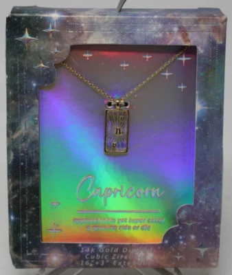 Collar Colgante CAPRICORNIO Zodiaco Vidrio Perforado Sumergido Oro 14k - Dorado Nuevo con Etiquetas Foto 1 de 3