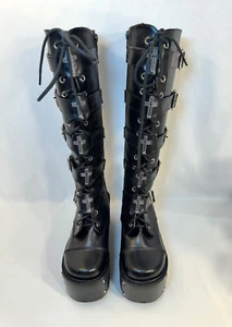 DAMEN SCHNALLENRIEMEN REISSVERSCHLUSS PLATEAU SCHWARZ KNIEHOHE STIEFEL CROSS GOTH ROCK FESTIVAL - Bild 1 von 7