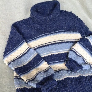 Vintage Hand Knit PURE WOOL Rolled Neck Bauble Navy Lt BlueOffWhite Jumper - Picture 1 of 8