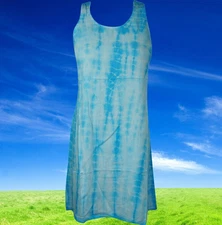 Women Hippy Gypsy Tank Dress, Blue White Tie Dye Strap Beach Travel Dresses S/M
