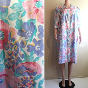 Vintage 80s Pastel House Dress L XL Snap Cotton Poly Floral 1/2 Sleeve Pockets - Picture 1 of 9