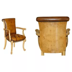 RESTORED ART DECO 1920'S BURR WALNUT BROWN LEATHER CHESTERFIELD OFFICE ARMCHAIR - Picture 1 of 24
