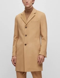 $695 Hugo Boss Men Hyde Virgin Wool-Cashmere Overcoat Italian Fabric Camel 44R - Picture 1 of 13