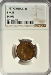 GREAT BRITAIN 3 PENCE 1937 NGC MS 66 UNC