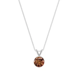 1.75 Ct Round Cut Brown Solid Real 14K White Gold Bezel Pendant 18" Necklace - Picture 1 of 2