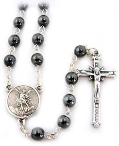 NEW BEAUTIFUL MADE IN ITALY HEMATITE BEAD ST MICHAEL THE ARCHANGEL ROSARY - Picture 1 of 1
