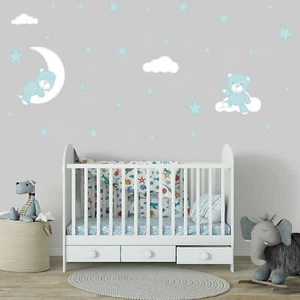 Baby Bear Moon Star Cloud Wall Sticker Bedroom Kids Boys Room Cartoon Wall Decal - Picture 1 of 6