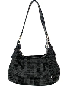 The Sac, Black Faux Leather & Crochet Handbag Shoulder Bag Purse w Bag Charm - Picture 1 of 13