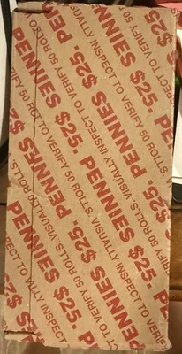 $25 Bank Box ~ 50 SEALED ROLLS/2500 One Cent - Possible Wheats, Copper & Errors - Image 1 of 2