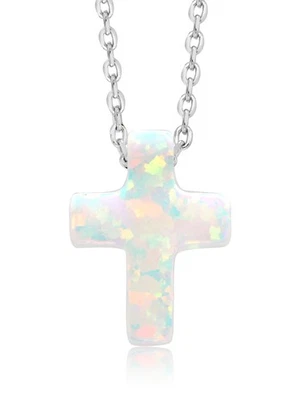 Collar Colgante Cruz Ópalo Creado Unisex 12MM | Plata de Ley 925 | Con Foto 1 de 4