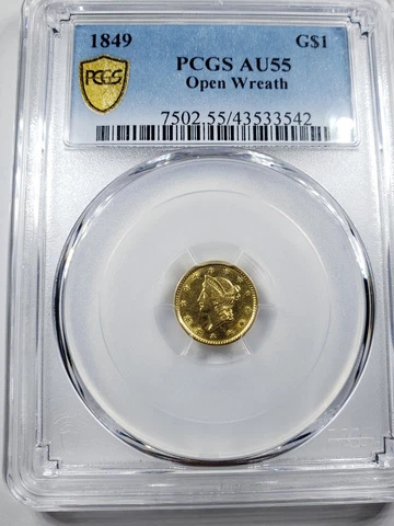 1849 Open Wreath Gold Dollar $1 PCGS AU55, brilliant Cover