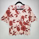Womens Blouse Flare Short Sleeve Size Xl Pink Red Flowers Top Liz Claiborn New