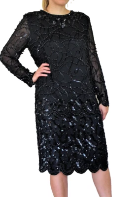 Vtg 90s Niteline Della Roufogali Cocktail Dress Black Beaded Chiffon 14 Women - Image 1 of 4