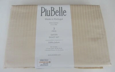NEW Piu Belle 3pc QUEEN DUVET Cover Set Stripes Vanilla Cream Cotton Portugal - Image 1 of 3