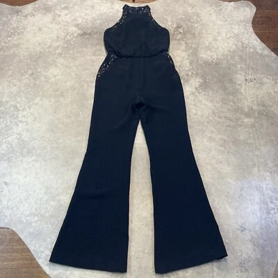 Mono Rachel Zoe Lou para mujer 6 negros lentejuelas cuello bolsillos halter cuello espalda abierta Foto 1 de 4