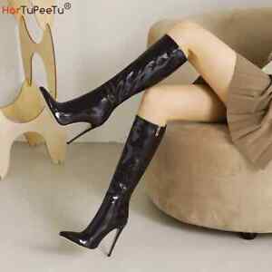 Winter Women Knee High Modern Boots Patent Leather Sexy Stiletto PU Party Shoes