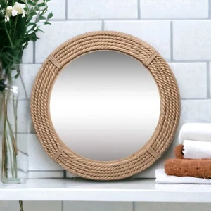 Round Nautical Coastal Wall Mirror, Rope Framed Rustic Farmhouse Bathroom, Beach - Picture 1 of 6