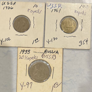 Lot of 3 USSR Russia Coins 1936 and 1961 Ten 10 Kopeks 1933 20 Kopeks
