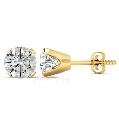 Aretes solitarios de 4 puntas creados en laboratorio de corte redondo de 2 quilates enchapados en oro amarillo de 14 quilates Foto 1 de 4