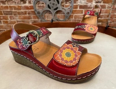 L'Artiste Spring Step Red Leather Wedge Sandals Roshni 37 6.5-7 New - Image 1 of 3