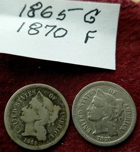 2 -3 Cent Nickels 1865 and 1870 P US Coins Higher Grade U-Grade - Picture 1 of 4