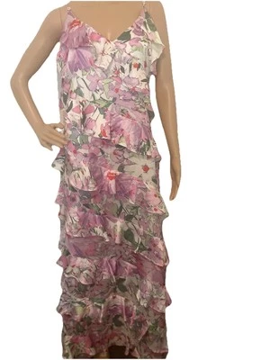 Badgley Mischka Belle Maren Satin Chiffon Tiered Floral Multicolor Dress Sz 12 - Image 1 of 4