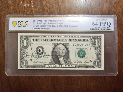 Low Serial #00000708 Courtesy Autographed 1981 $1 PCGS 64 PPQ Signature - Image 1 of 4