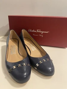 Salvatore Ferragamo Navy Blue Leather Pim Chain Ballet Flats Women’s Size 6.5 B - Picture 1 of 13