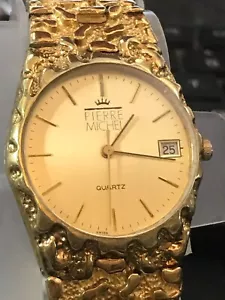 Orologio Uomo Pierre Michel 32mm Swiss Made Pepita Dorata Data Quarzo, Funzionante (Lotto2239) - Foto 1 di 12