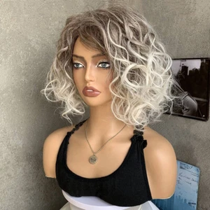 Women Natural Short Curly Wig Ombre Blonde Bob Wavy Hair Full Wigs Cosplay Club - Picture 1 of 10