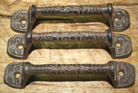 3 Cast Iron Antique Style RUSTIC Barn Handle, Gate Pull Shed Door Handles Fancy Cover