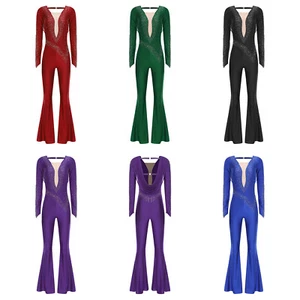 Damen Rompers Overlay Pullover Schnitt Tanzkleidung Jazz Tanz Hose Strass Mesh - Bild 1 von 61