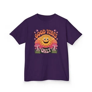 Girls 'Good Vibes Only' Smiling Sun, Sunset, Daisies - Funky, Kids Tee - Picture 1 of 10