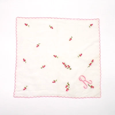VTG White Handkerchief Pink Rose Monogram R Embroidered Scallop Edge Hankie - Image 1 of 4
