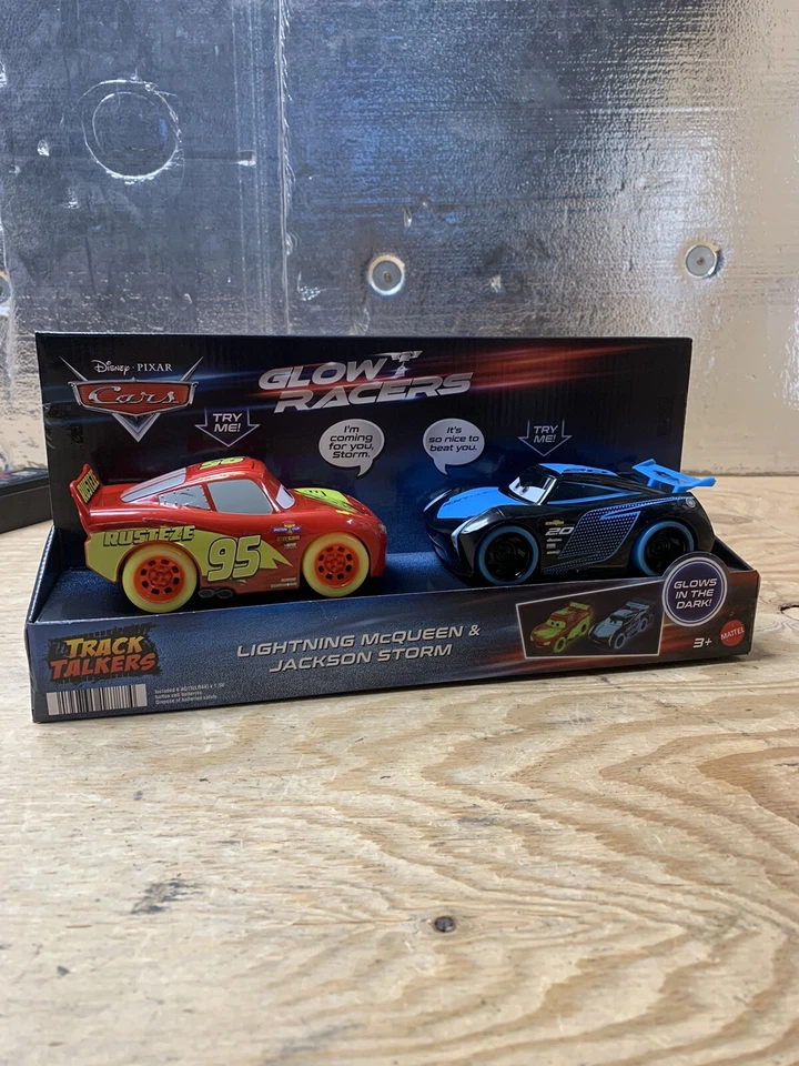 NEW! Disney Cars Glow Racers LIGHTNING MCQUEEN & JACKSON STORM Track Talkers - Image 1 of 4
